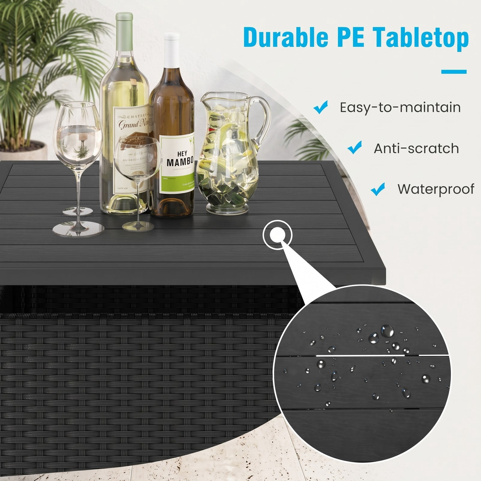 Furnibear Patio Square Wicker Side Table with Umbrella Hole, PE Rattan Outdoor End Table, Faux Wood Top Metal Frame Coffee Table for Garden Yard Backyard, Black