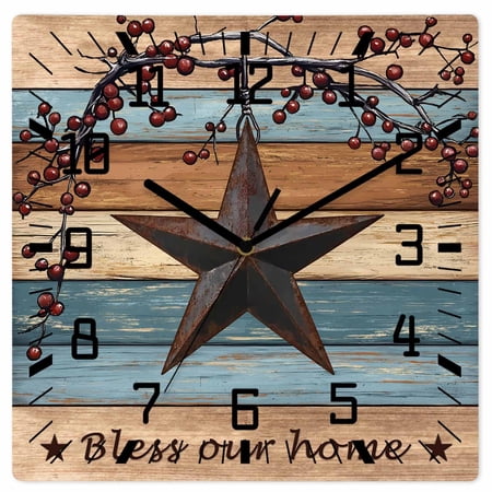 Blue Brown Texas Star Wooden Wall Clock Silent Non Ticking, Retro Country Star Farmhouse Wooden Square Wall Clocks Battery Operated, Decor Clock for Home Office, Living Room, Kitchen, 12 Inch