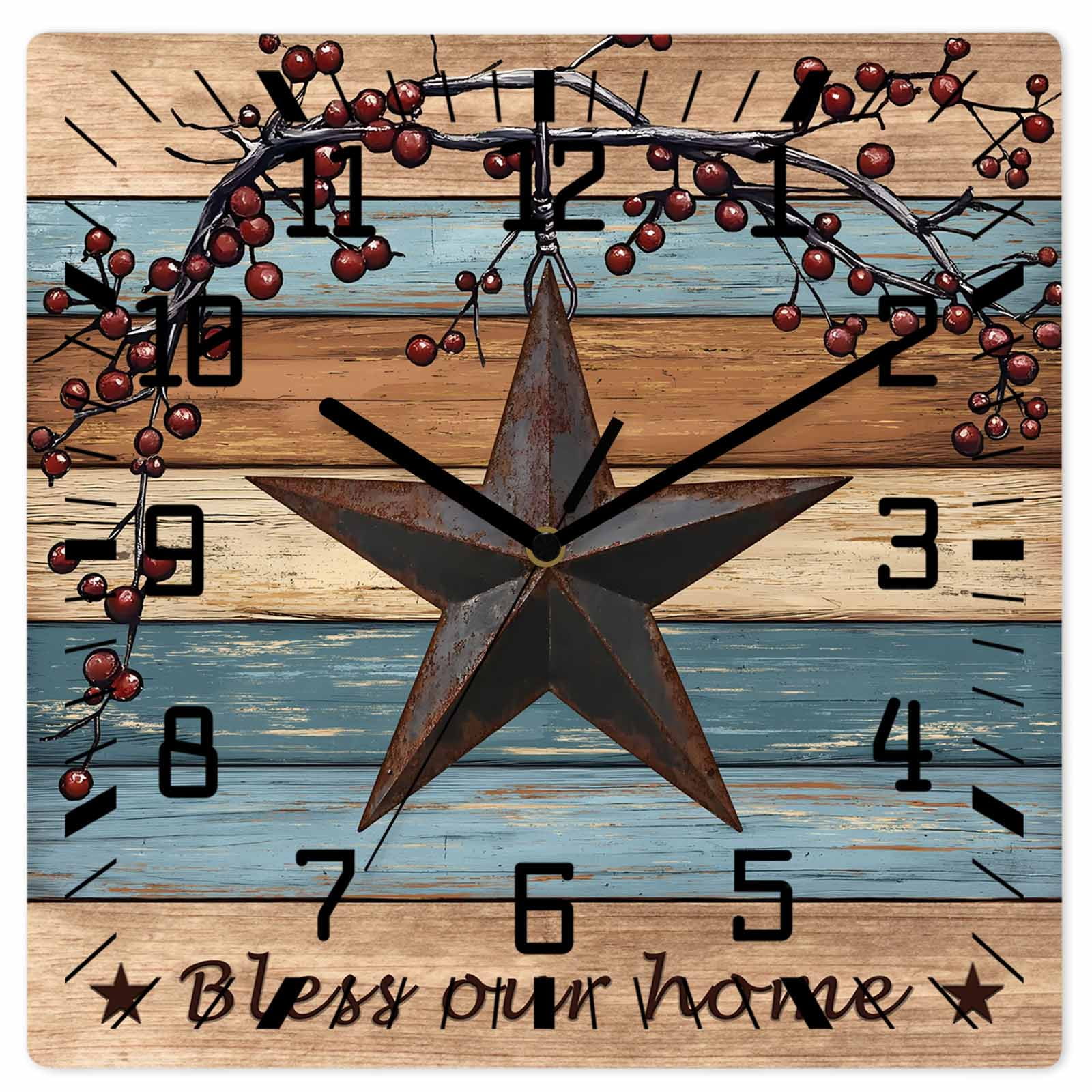 Blue Brown Texas Star Wooden Wall Clock Silent Non Ticking, Retro Country Star Farmhouse Wooden Square Wall Clocks Battery Operated, Decor Clock for Home Office, Living Room, Kitchen, 12 Inch