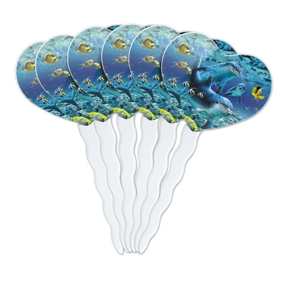 Coral Reef Diving Dolphin Pals Diving Heart Love Cupcake Picks Toppers Decoration Set of 6