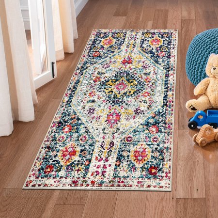 Bohemian Area Rug Hallway Runner Rug Distressed Kitchen Mat, Indoor Non-Slip Washable Non-Shedding Low Pile Floor Carpet for Laundry Bathroom Bedside Entryway