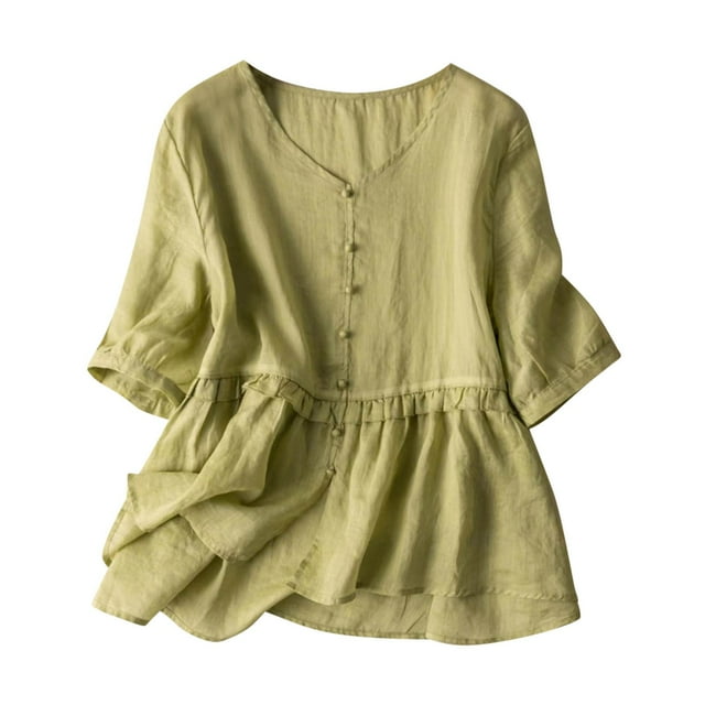 Timegard Plus Size Tops for Women Cotton Linen Short Sleeve V-Neck Button Ruffle Flowy Casual Loose Tops