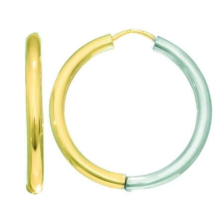 14k White Gold Hinged Hoop Earrings - Ladies 14K White & Yellow Gold Reversible Hinged Hoop Earrings 2.5MM 25MM
