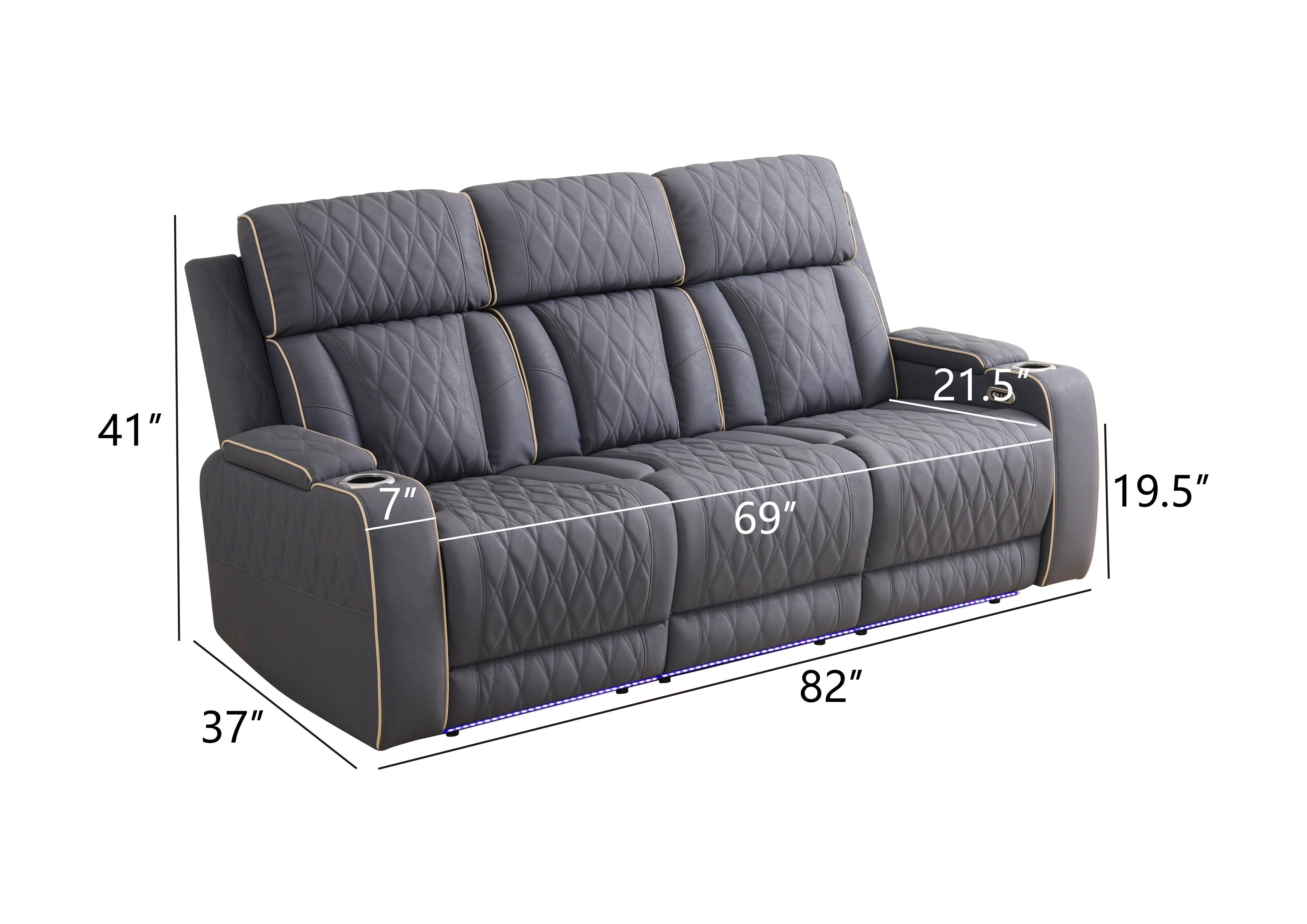 MAYEERTY 3-Seater Recliner Sofa, Sanded Leather Reclining Sofa with LED Lights, USB Charger, Cup Holders & Storage, for Living Room, Home Theater