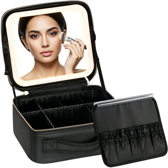 Travel Makeup Bag with LED Mirror, 3 Adjustable Light Settings, Customizable Dividers, Portable Travel Organizer, USB Charging, Black, Small
