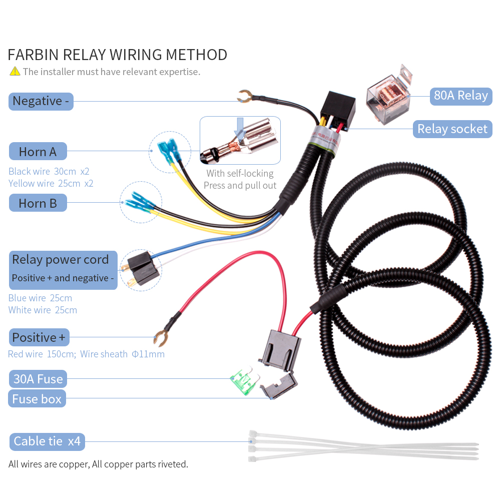 FARBIN Horn Wiring Harness Relay Kit for Car Truck 80a 4pin Spst Normally  Open (Relay pin double horn wiring harness, 12V)