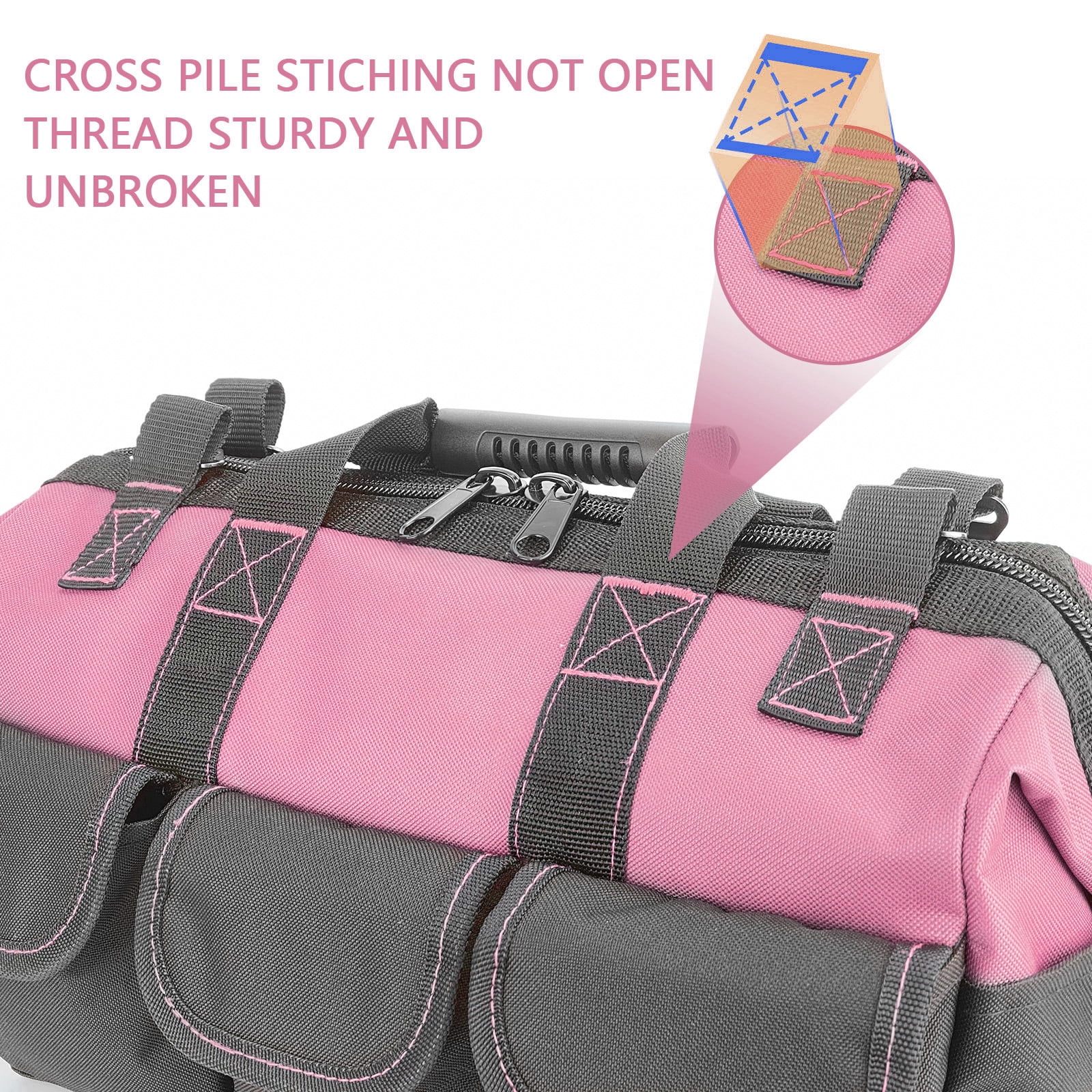 Yongzhenlite Garden Tools Bag, 16 Inch Wide Mouth Tool Tote with Molded Base and Multi-Pockets for Men, Heavy Duty 600D Polyester Fabric (Pink Color)