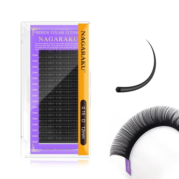 Extensiones de pestañas NAGARAKU, pestañas individuales, 0,15 mm, rizo en D, 12 mm