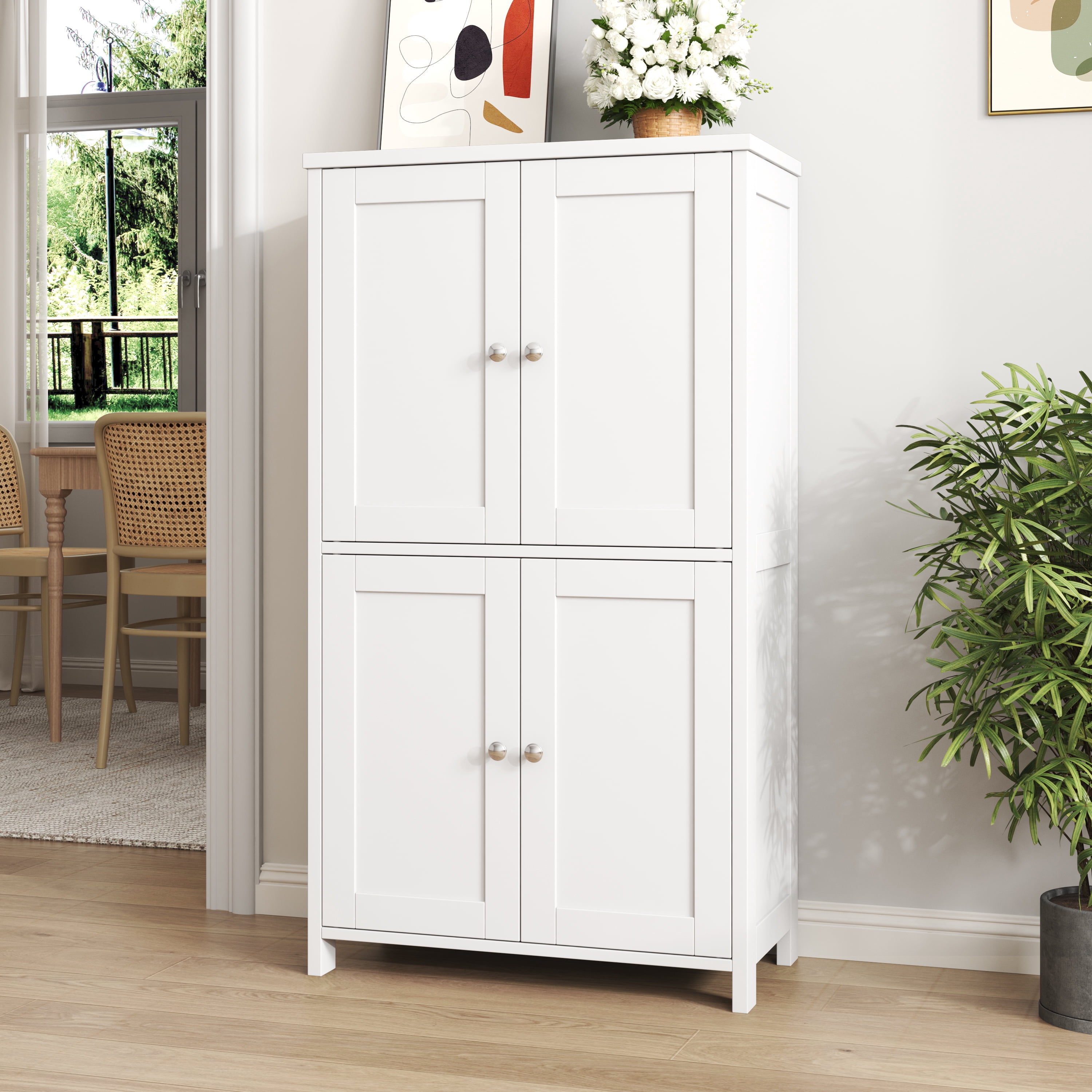 Walsunny Freestanding Bathroom Floor Storage Adjustable Shelf with 4 Doors 43" Wooden Pantry Cabinet for Kitchen Small Spaces，White