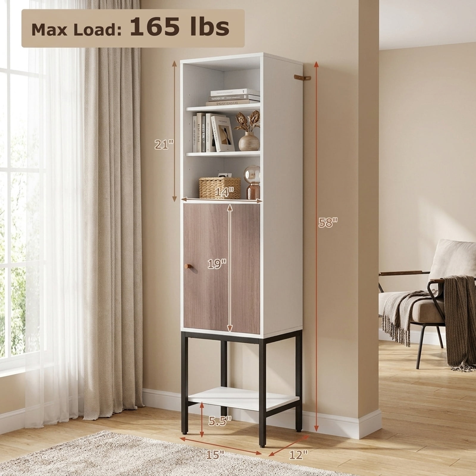 Vebreda Freestanding Bathroom Storage Cabinet, 57 Inch Bathroom Tall Cabinet with 1 Door and 4 Shelves Narrow Storage Unit with Adjustable
