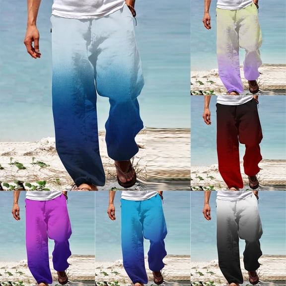 safuny Men's Straight Loose Cotton Pants Casual Independence Day Dungarees Holiday Gradient Color Trendy Trousers Athletic Outwear Work Activewear Elastic Waist Drawstring Black L