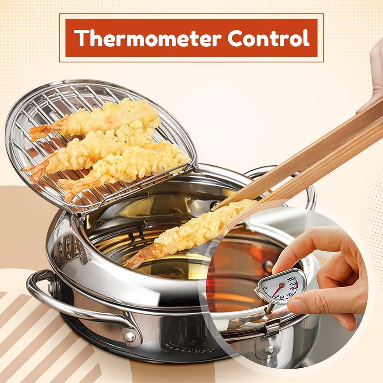 Cooking Utensils Clearance! One Piece Stainless Steel Frying Pan Stainless Deep Fryer New Japanese Deep Fryer Pot Stainless Deep Frying Pan with Lid Temperature & Oil Drip Drainer Filter Rack For