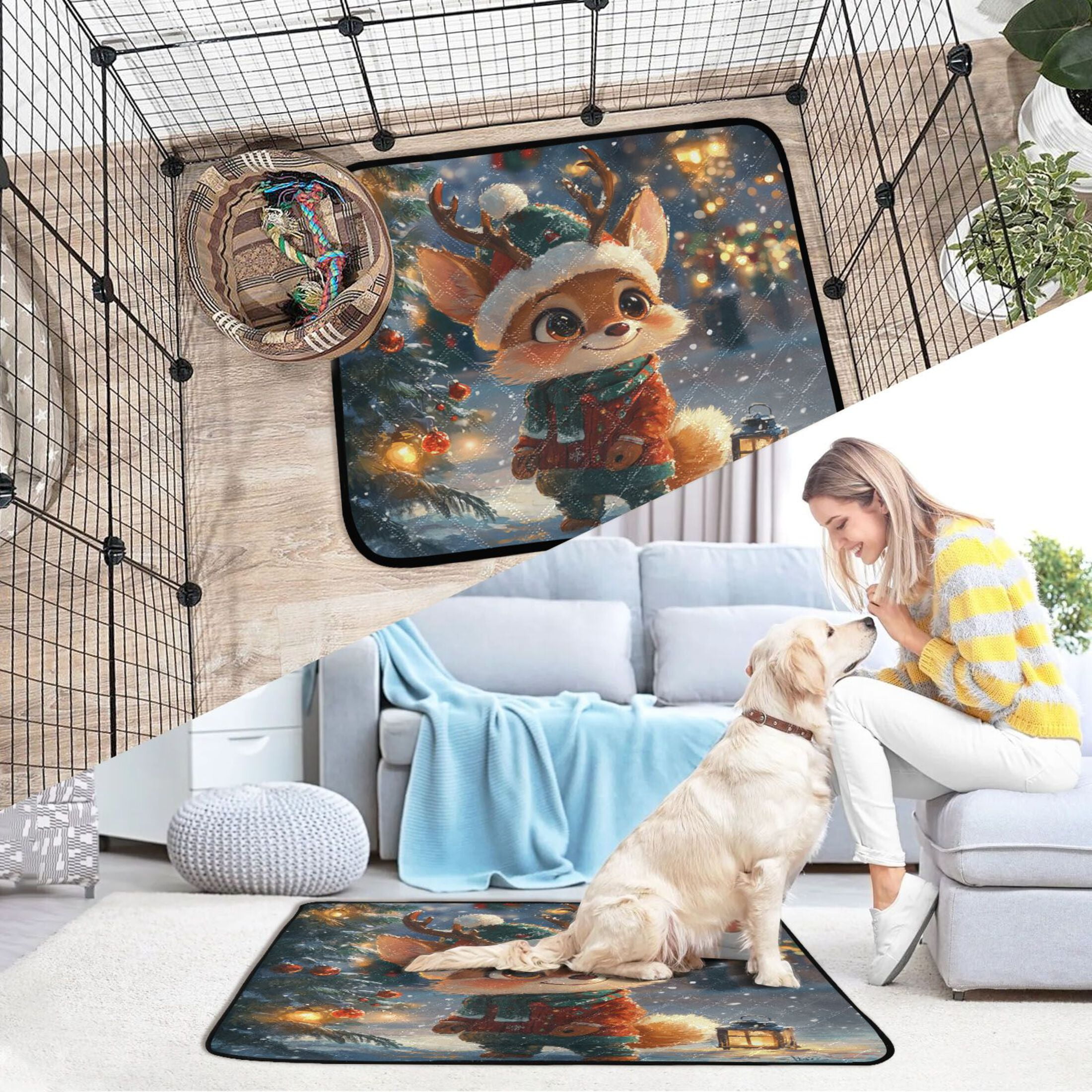 Qxltty Cute Little Fox Wearing A Christmas Hat Cat litter Pads Pet Set of 2 Diaper Mats Center Anti-leakage Layer Absorbent Soft and Comfortable