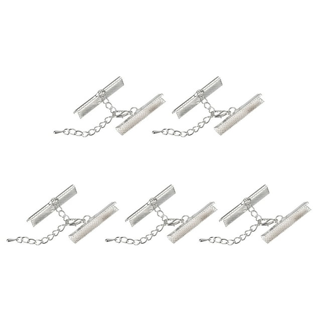 Unique Bargains 20Sets Ribbon Crimp Clamp Ends with Lobster Claw Clasps & Chain 35mm Silver Tone
