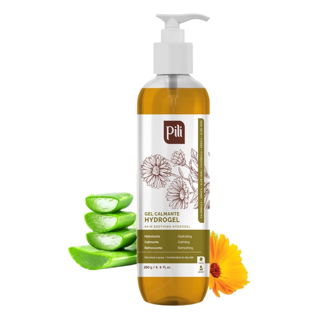 Pili Hidrogel Natural | Gel Calmante para la Piel Rostro y Cuerpo con extractos de Árnica Caléndula Centella Asiática y Aloe Vera | Hidratante Natural | Sin parabenos ni alcohol | 8,8 onzas