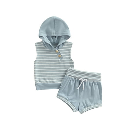 

Bagilaanoe 2Pcs Baby Boys Girls Shorts Set Summer Strip Sleeveless Hooded Tops + Shorts Pants 6M 12M 18M 24M 3T Casual Outfits