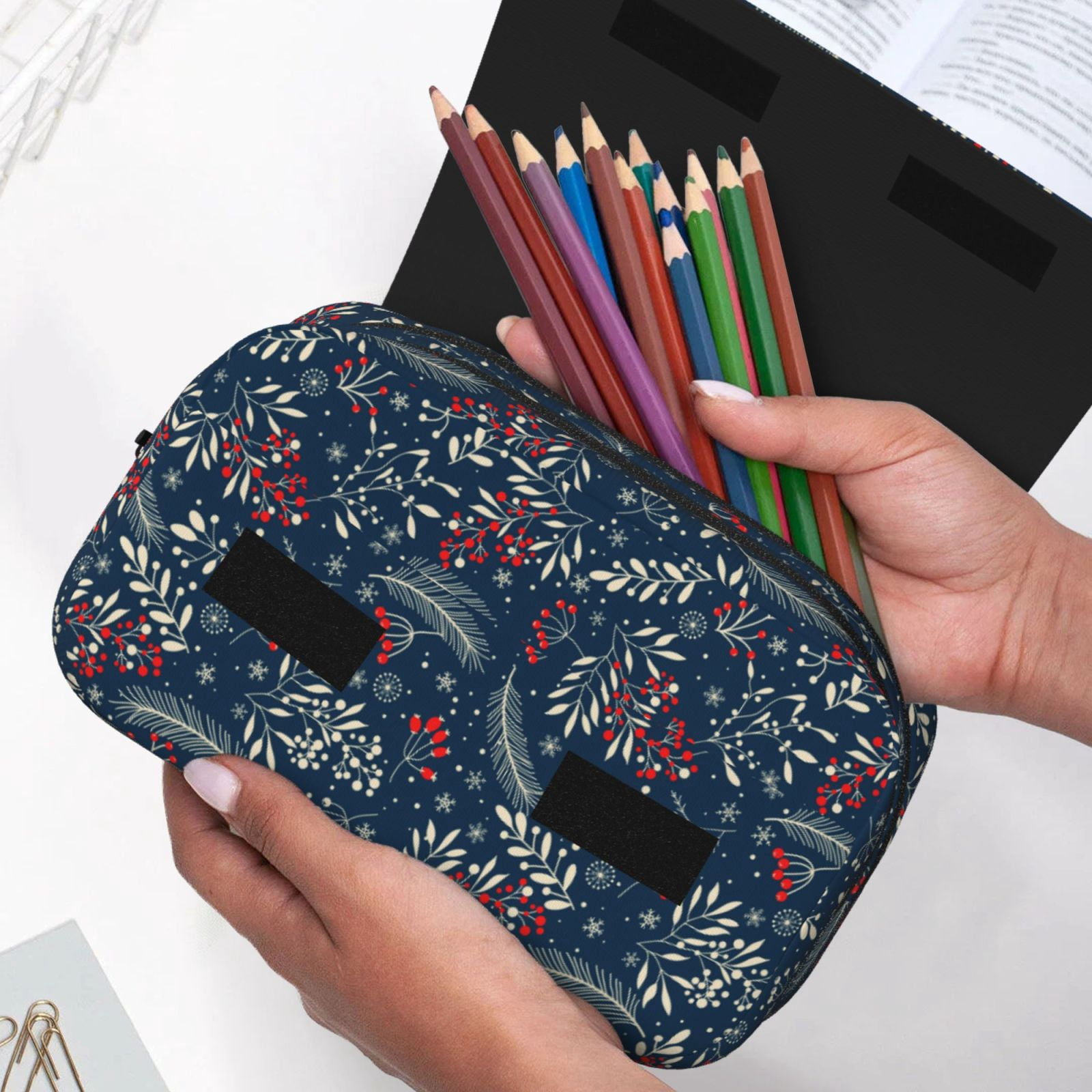 Rateoe Merry Christmas Winter Leaves Snowflakes Pattern Double Clamshell Pen Case, Storage Organizer with Two Zipper Compartments– Holds Up to 50 Pencils & Pens