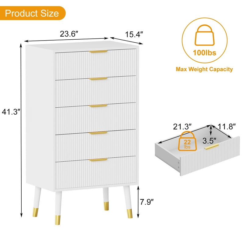 TROPOW 5 Drawer Dresser for Bedroom, Modern Closet Dressers Chest of Drawers, Storage Chest Cabinet Organizer Unit, Small Fluted Nightstand for Bedroom