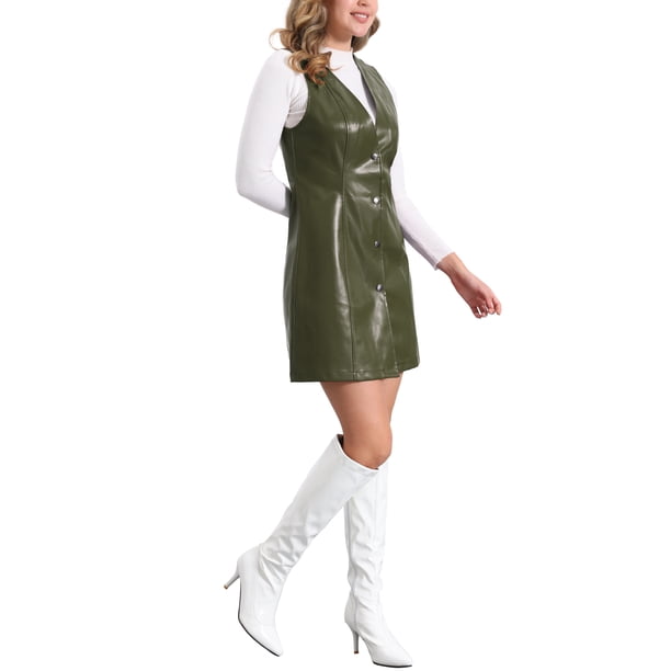 slim fit dress slacks Jade Faux Leather Button Up Puff Sleeve Mini Dress