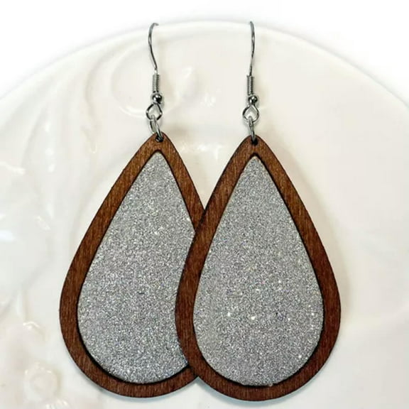 Bohemia Glitter Leather Teardrop Wood Earrings Ethnic Faux Leather Wood Jewelry