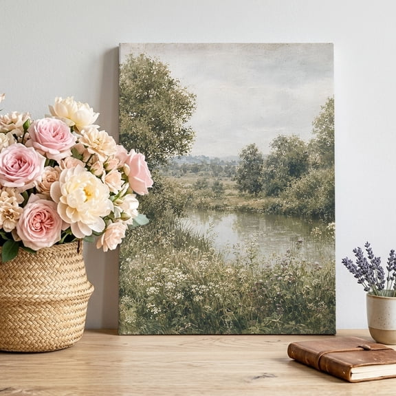 Canvas Wall Art Tall Riverbank Trees Canvas Art Print Rustic Country Green Meadow Grass Calm Lake Wall Decor for Living Room Bedroom Artwork Decorations Stretched Framed Ready to Hang 12"x18"