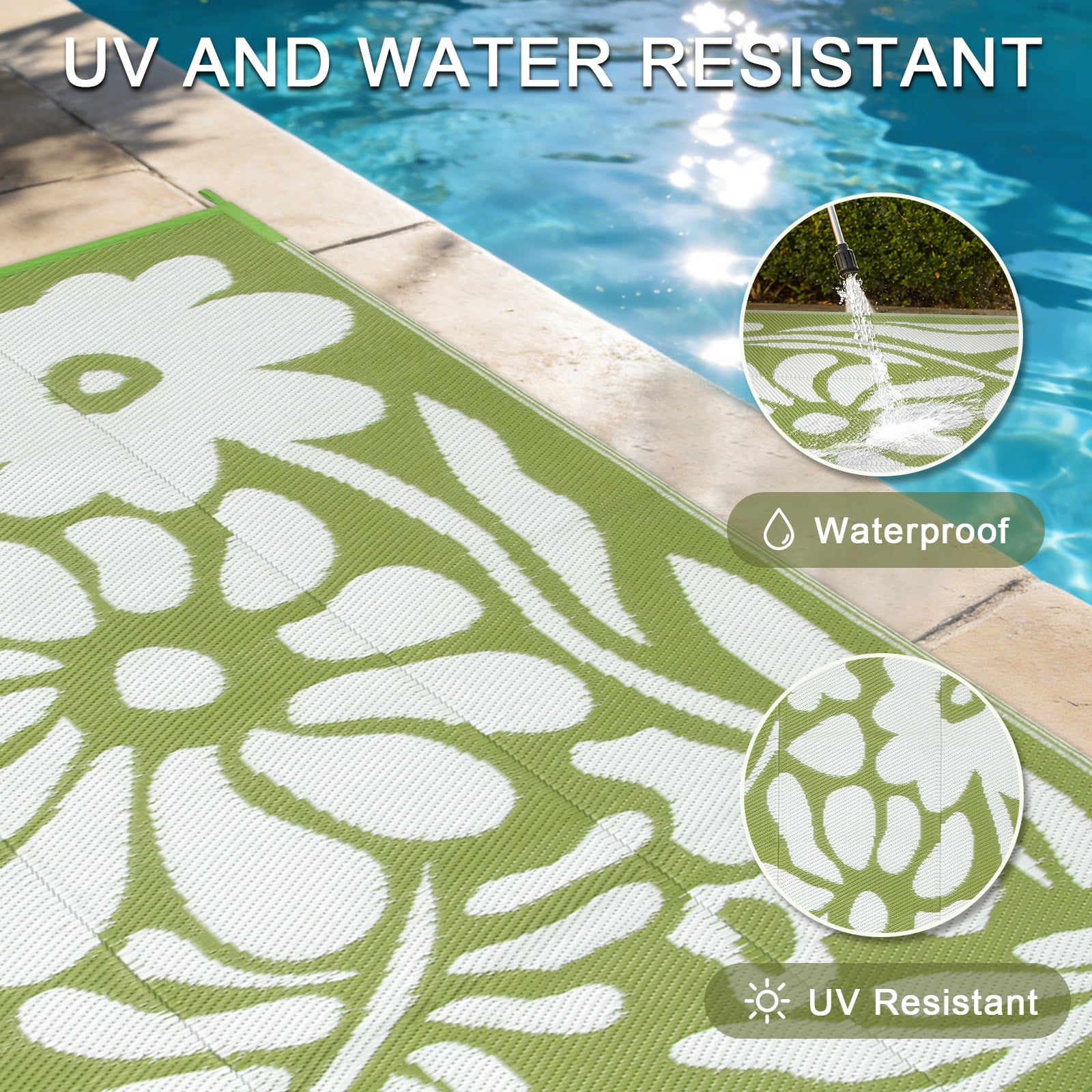 Lahome Waterproof & Reversible Outdoor Rug 4'x6', Green Abstract Floral RV Camping Mat - Portable Plastic Straw Picnic Carpet for Garden Beach Deck Balcony (Green, 4'x6')