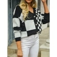 thumbnail image 4 of Womens Color Block Plaid Button Down Cardigan Long Sleeve Cable Knit Checkered Sweaters Tops Y2k Aesthetic Clothes Black S, 4 of 10