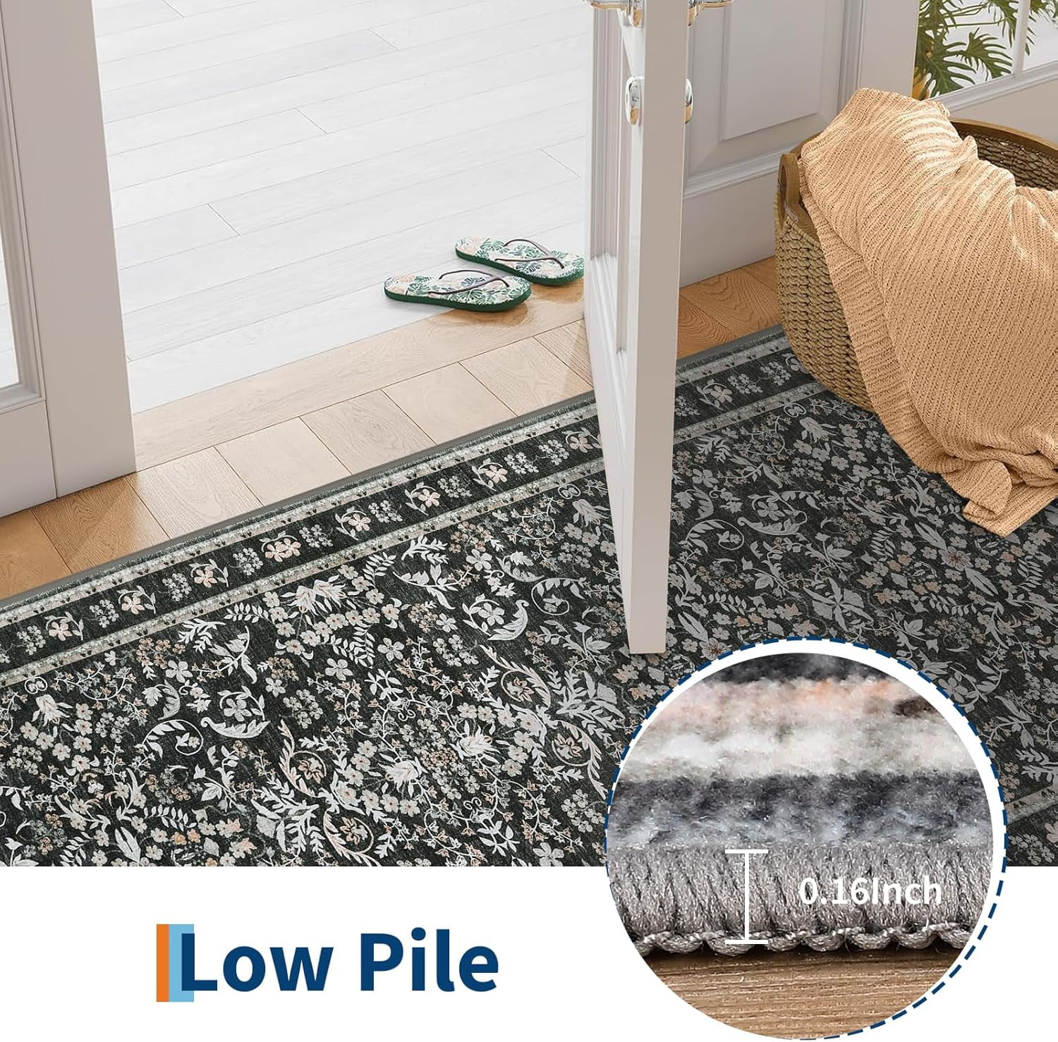 Memoryfield Washable Vintage Area Rug 8' x 10', Soft Low Pile Indoor Non Shedding Floor Covering, Foldable Floor Mat, Black