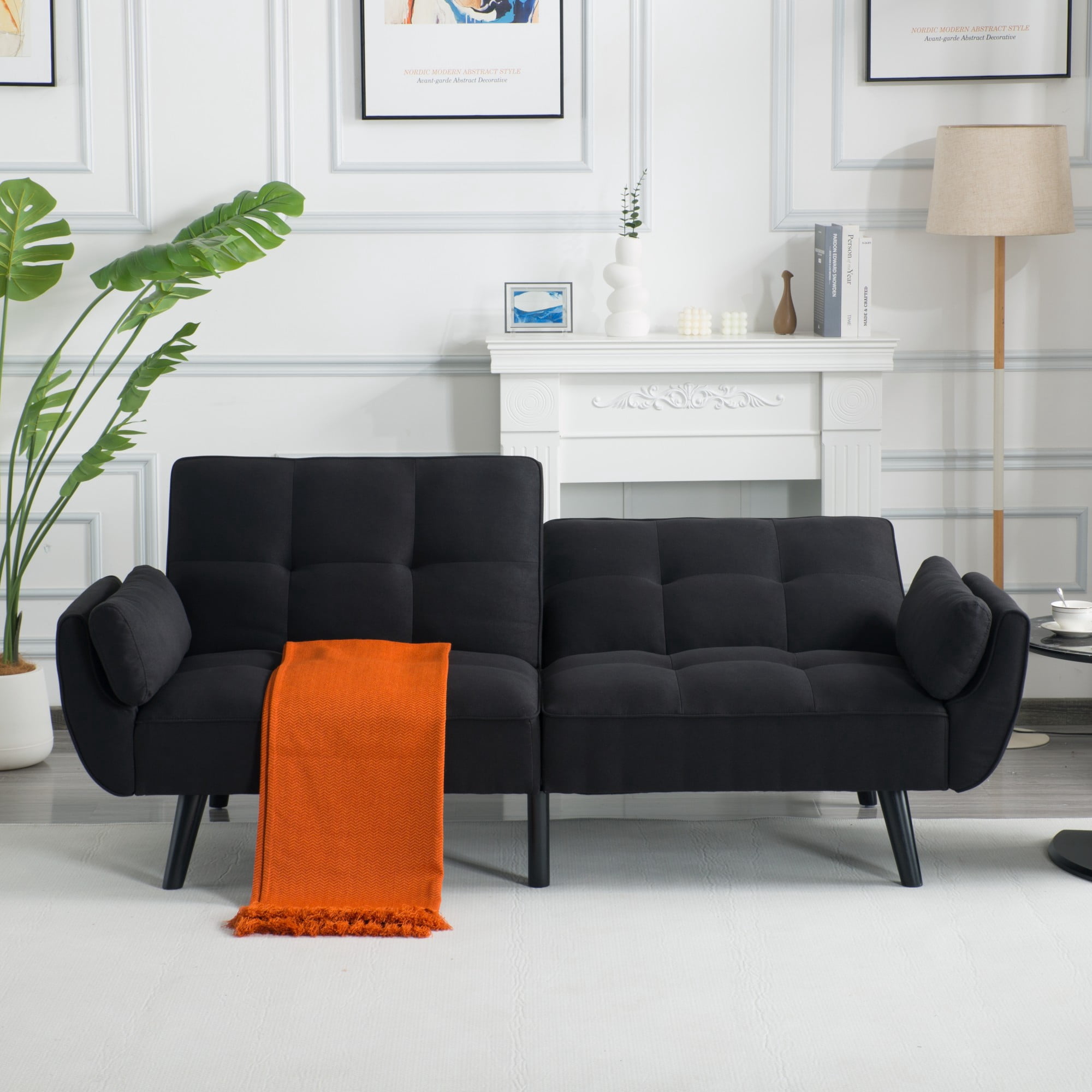 BSHTI 74.8" Linen Convertible Futon Sofa Bed with Split Back & 3-Position Adjustment, Tufted Design, Flared Arms, for Living Room & Guest Room( Black)