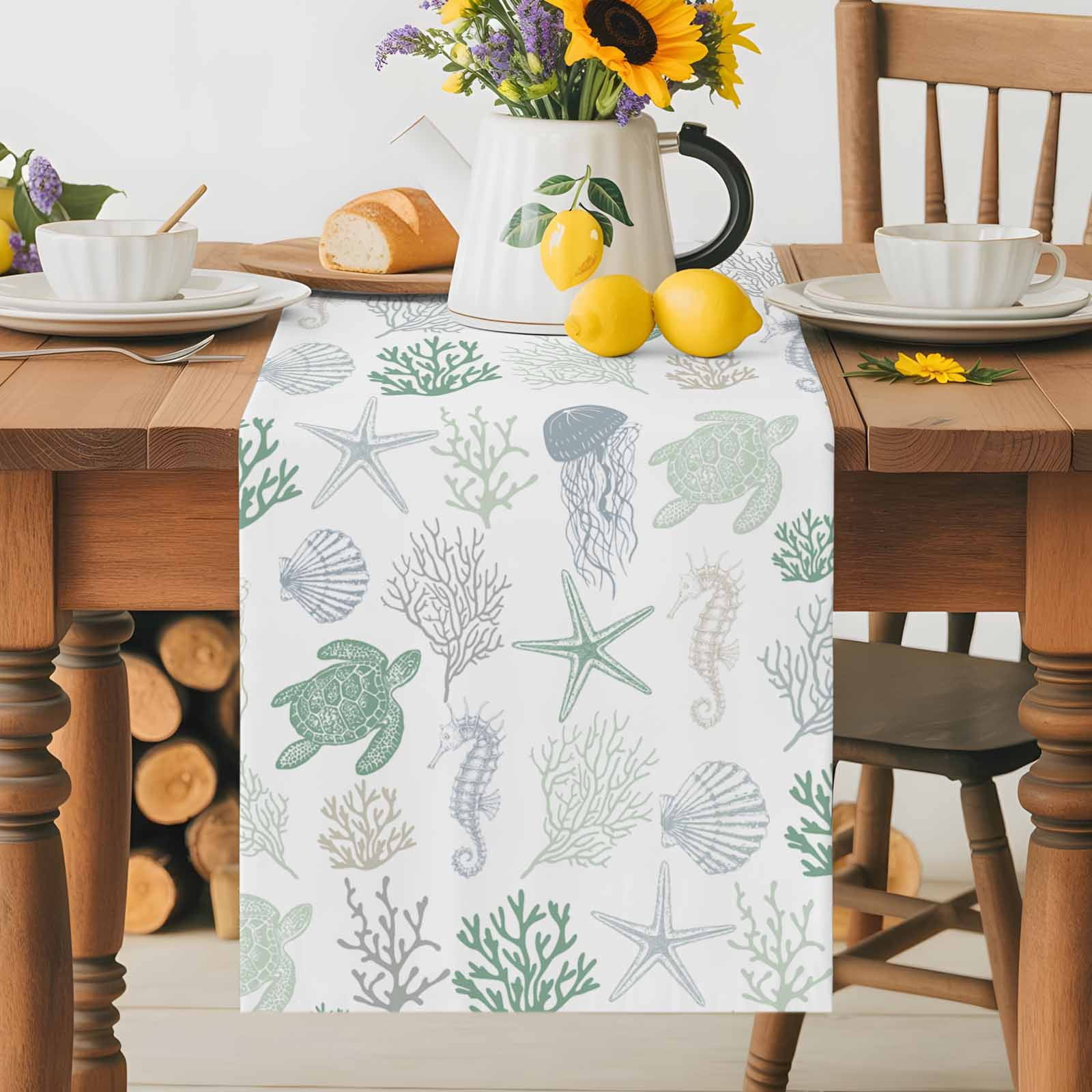 Nautical Coral Sea Turtle Summer Beach Table Runner 90 Inches Long, Coastal Green Gradient Table Runners Tabletop Scarf Kitchen Dining Tables Decoration for Home Party Indoor Outdoor