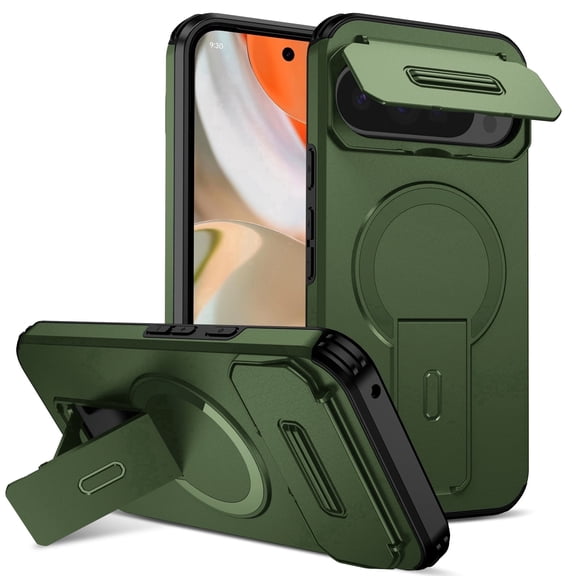 Asuwish Magnetic, Kickstand, Slide Camera Cover TPU, Plastic, Metal Hard Shell Fashion Cell Phone Case for Google Pixel 9 Pro XL/10 Pro XL, Green