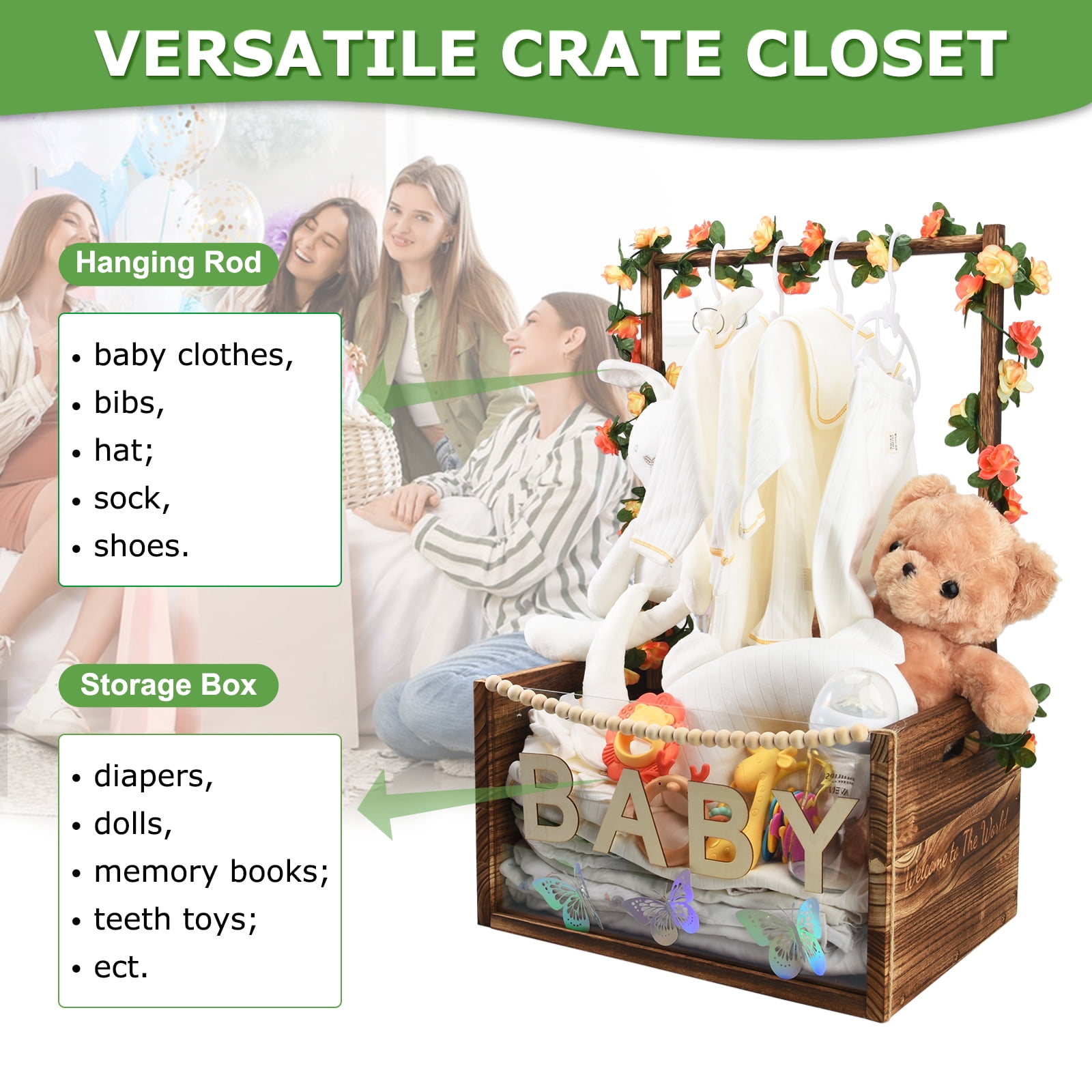 Baby Shower Crate Closet with Handle, Multifunctional Wooden & Acrylic Visible Storage Box, Newborn Toy Basket for Boys Girls, Pregnancy Gift for New Moms (Brown)
