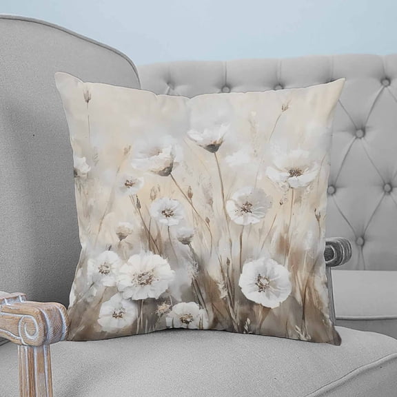Spring White Floral Throw Pillow Covers, Soft Pillowcases with Invisible Zipper, Watercolor Vintage Beige Flowers Decorative Square Pillow Cushion Covers for Living Room Couch Sofa Bed 26x26 Inches