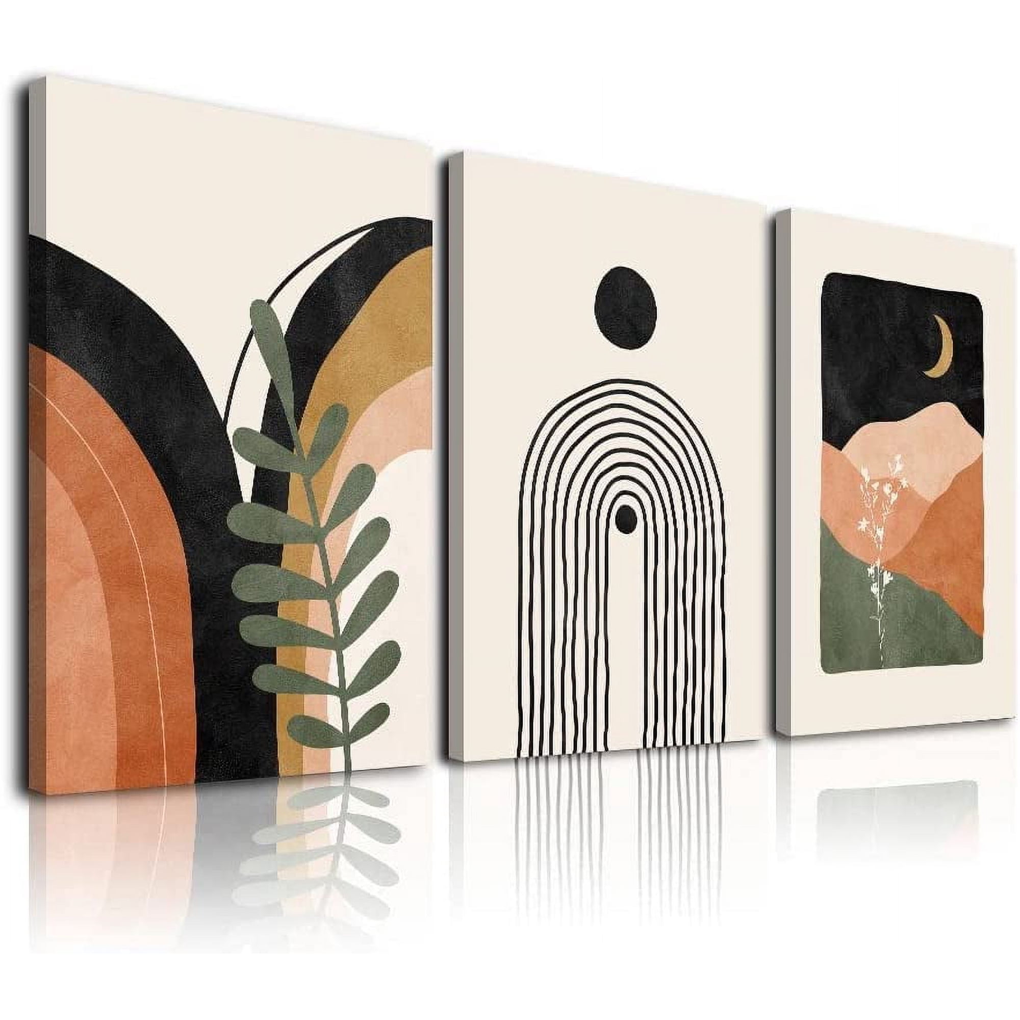 Boho Wall Art Set Of 3，Boho Room Decor, Mid Century Modern Wall Art，Neutral Abstract Geometric Prints Black Beige Orange Minimalist Art Framed Canvas Prints Artwork 12 X 16" Ready To Hang
