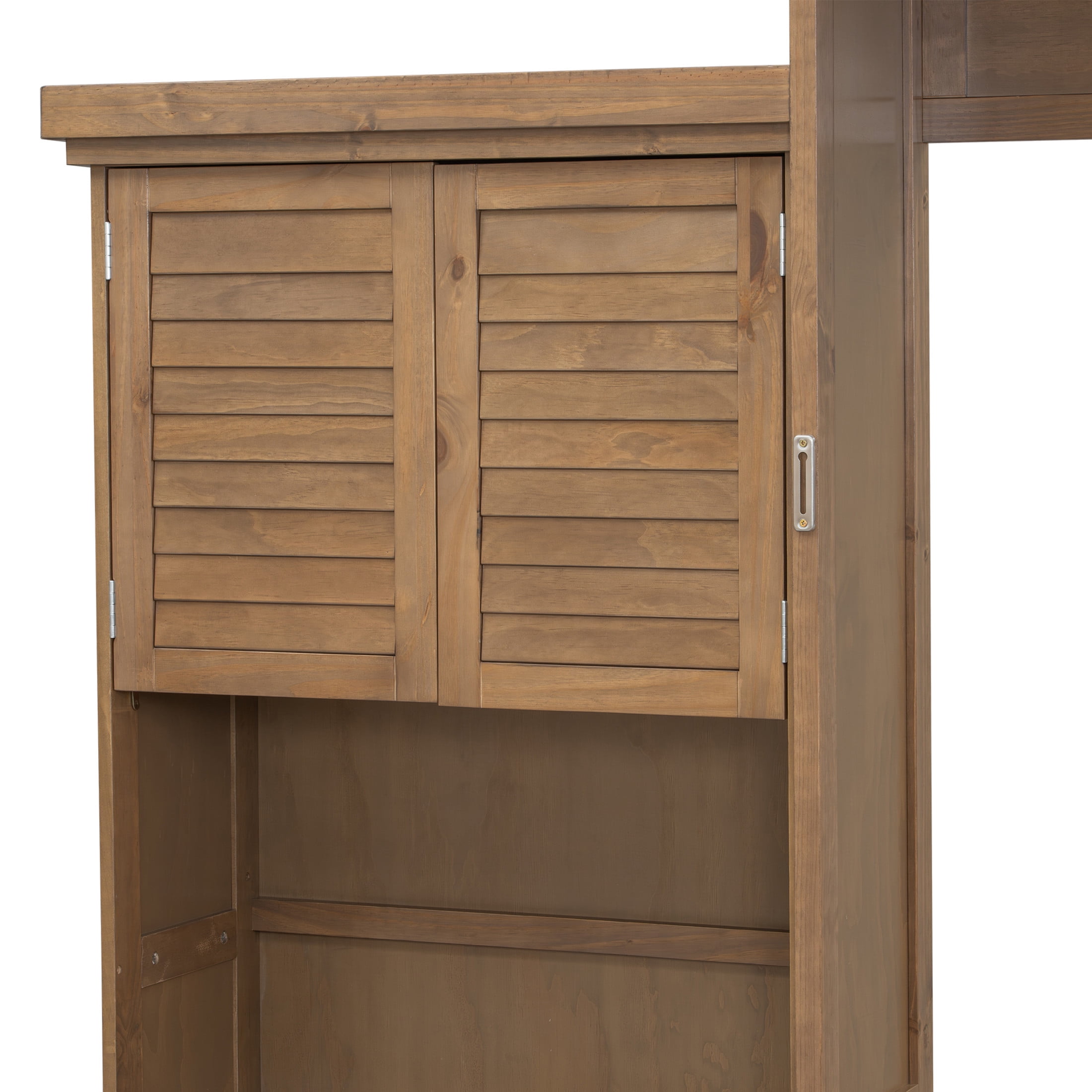 Noble House Rowena Queen Murphy Bed with Storage Shelves and Louvered Door Design, Wall Bed Cabinet, Wood