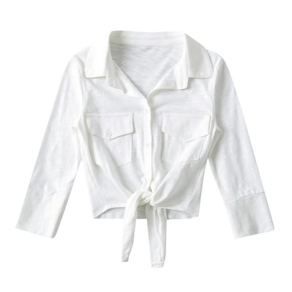 Timegard Crop Tops for Women Lapel V Neck Button up Shirts Irregularly Long Sleeve Casual Shirts Fashion