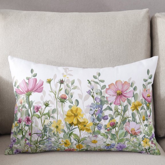 Decorative Pillow Cover 20x36 Inch Spring Floral Botanical Lumbar Pillow Cover Rustic Watercolor Flowers Daisy Soft Cushion Covers for Sofa Couch Bed, Living Room Home Decor