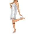 thumbnail image 4 of Vestido de fiesta sin mangas con tirantes de espagueti y lentejuelas para mujeres Inspire Chic, mini vestido brillante con flecos, plateado, 4 of 6