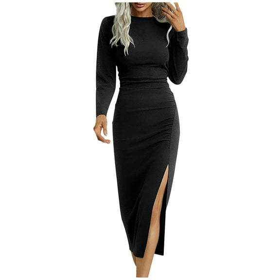 XFLWAM Women's Long Sleeve Dresses Casual Bodycon Dress Crew Neck Ruched Midi Dress with Slit Black S
