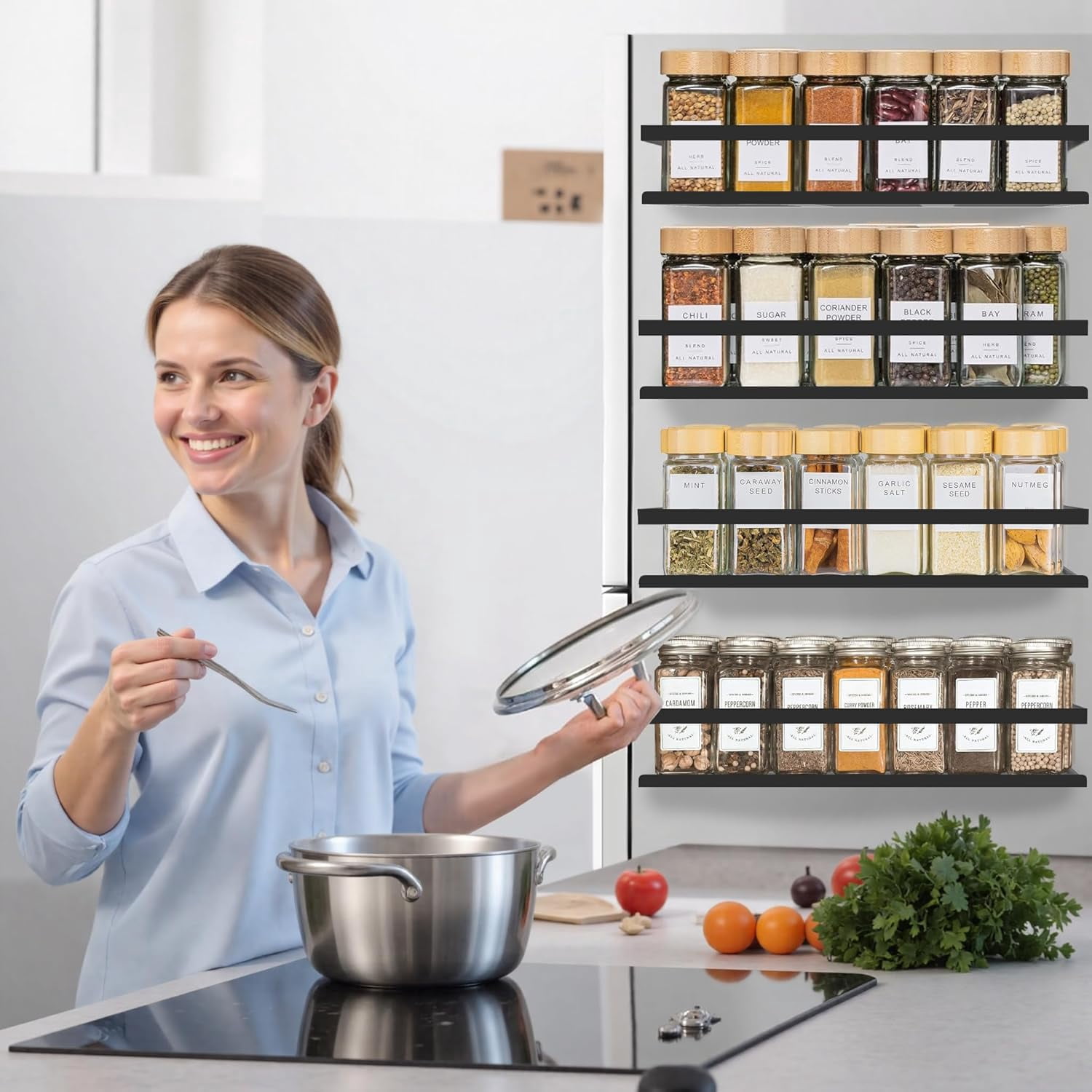 Magnetic Spice Rack for Refrigerator, 4pack Magnetic Shelf for Fridge Space Saving Seasoning Organizer for Any Metal Surface No Drilling Needed (BLACK -cut out, 4pack)