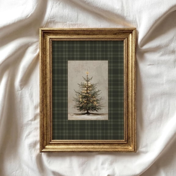 Green Plaid Christmas Tree Print Vintage Style Holiday Wall Art