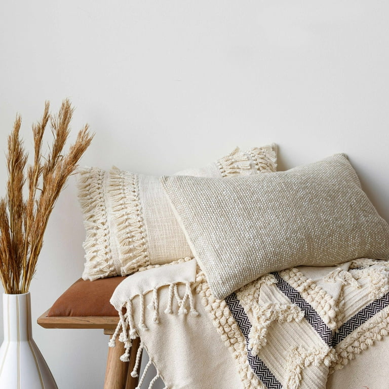 Hauteloom Boondall Boho Throw Blanket with Tassel for Couch Bed Decorative Cotton Throw 50 x 60 Black Beige Cream Off White