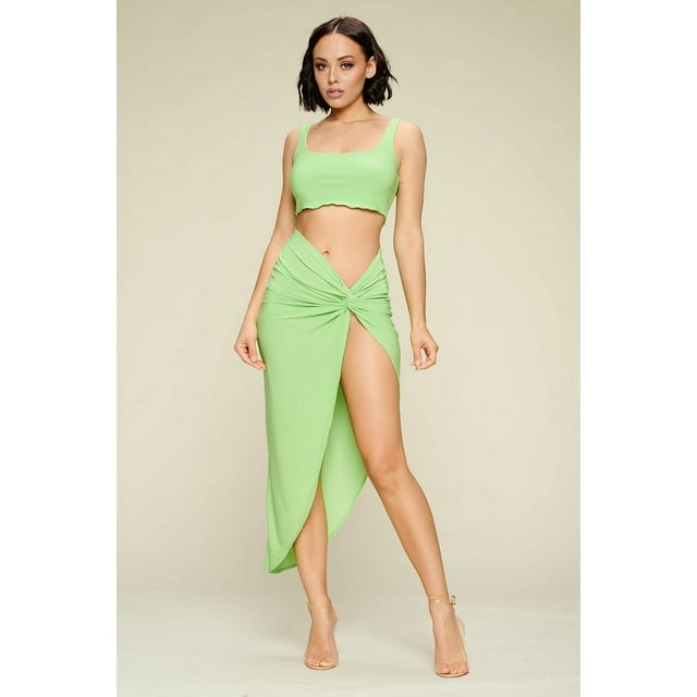 Summer Days Solid Crop Top & Split Thigh Twist Slit Skirt Set L