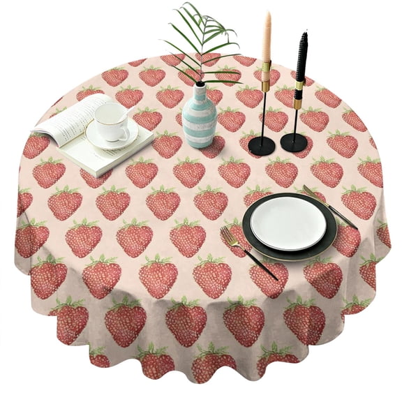Red Strawberry Plants Fruit Beige Pattern Round Tablecloth 60"x60",Wrinkle Wipeable Table Cloth for Kitchen Dining Room Picnic Patio Party