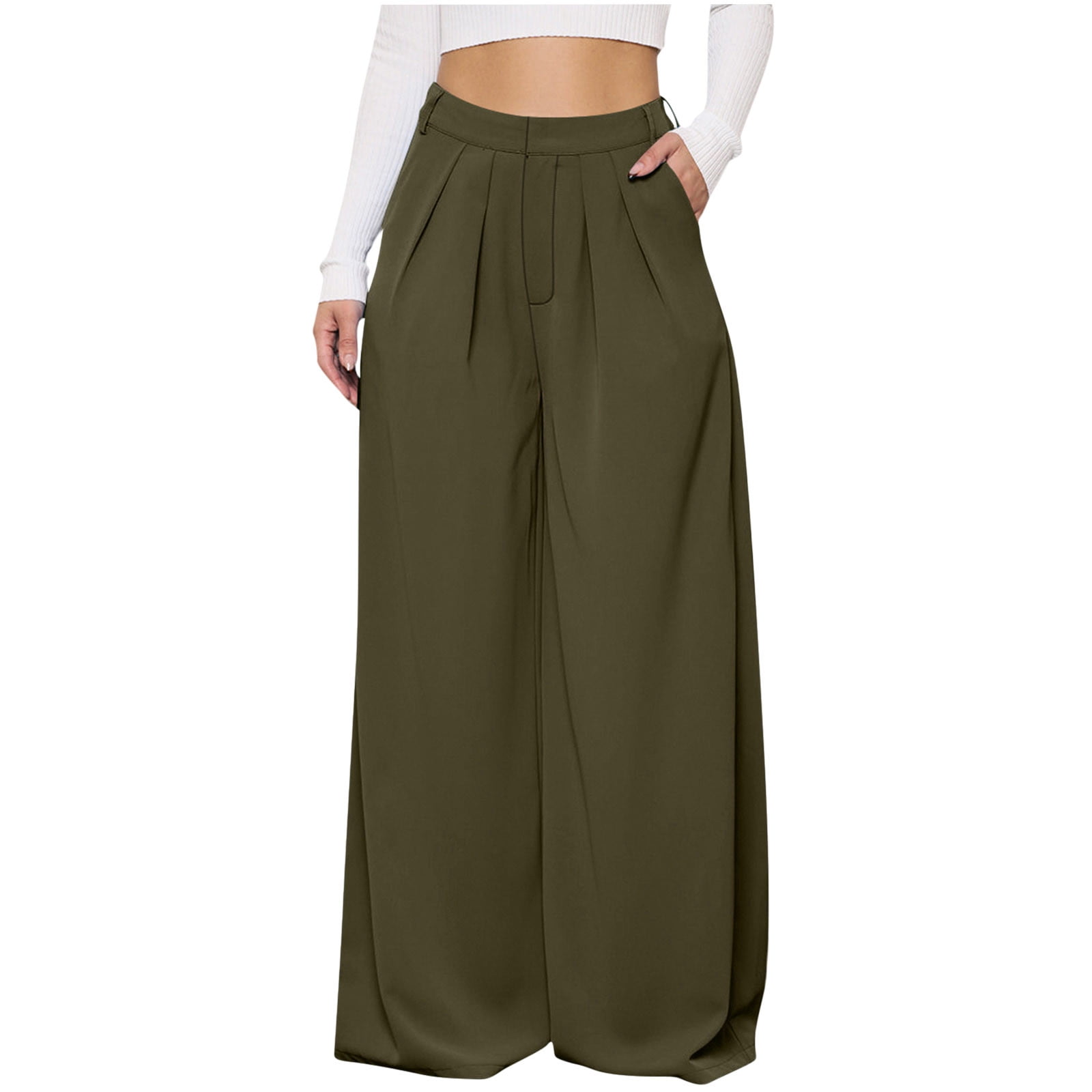 Lilgiuy Fashion Women Solid Buttons Cotton And Linen Casual Loose Trouser  Wide Leg Pants All Around Tummy Control Pants