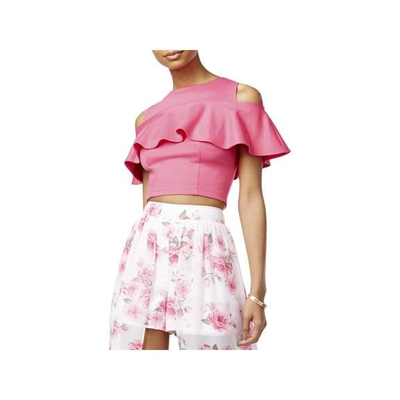 The Edit Womens Knit Ruffled Crop Top Pink M