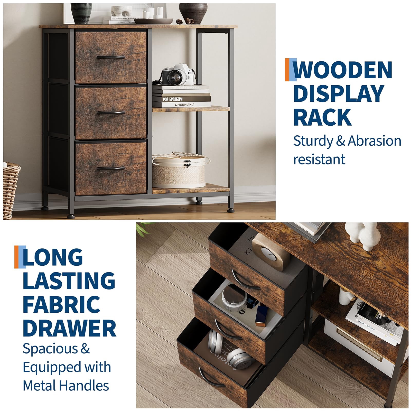 Rustic 3-Drawer Fabric File Cabinet and Printer Stand – Open Storage Shelf & Multi-Purpose End Table – Sturdy Steel Frame – Under Desk Organizer – Wood Color