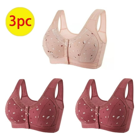 Atogsazn Women s 3PC Front Button Closure Bra Seniors Daisy Bra Printed No Underwire Bra Full Coverage Bralette 17-Pink XL on Clearance