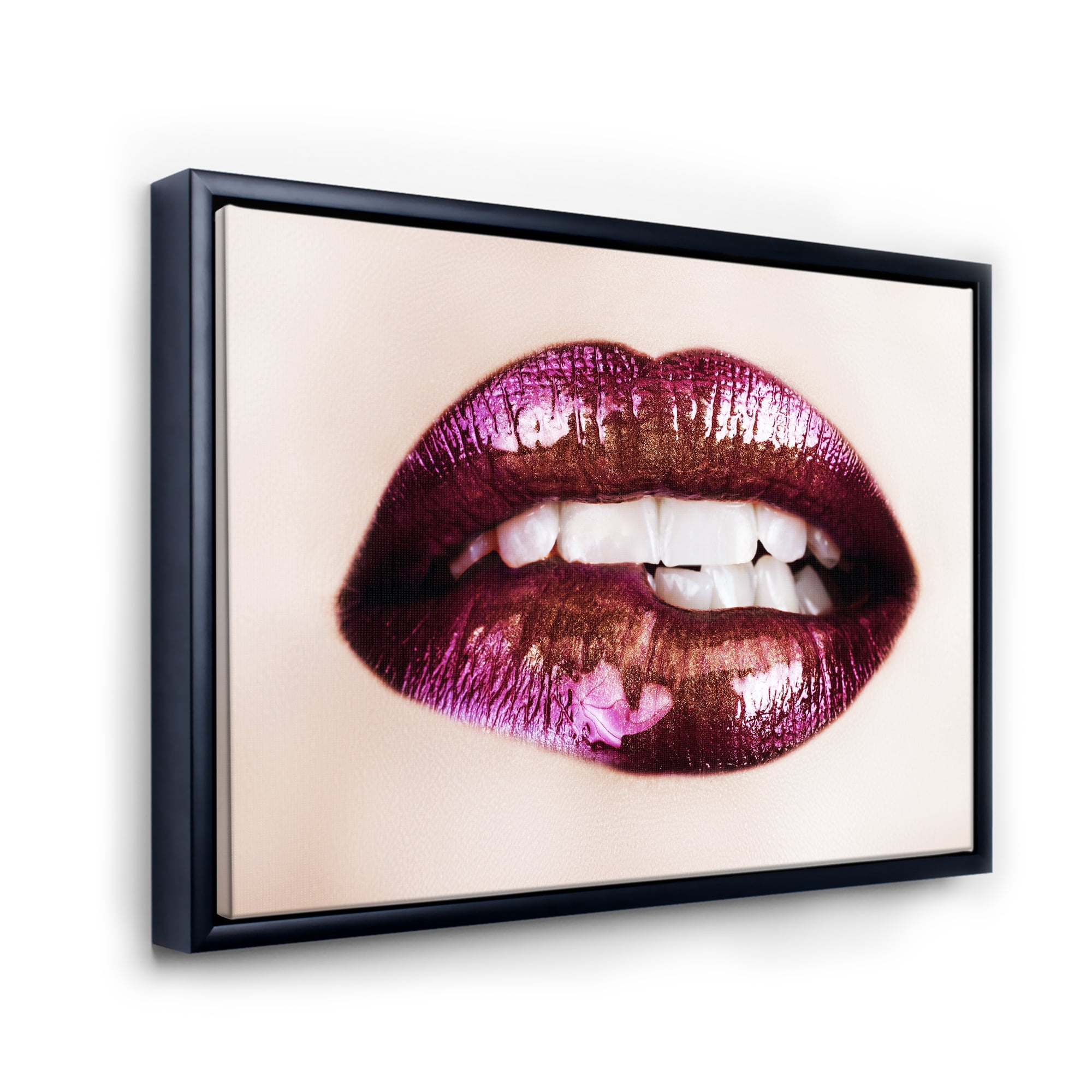 Designart 'Close-Up Of Purple Female Lips' Modern Framed Canvas Wall Art Print