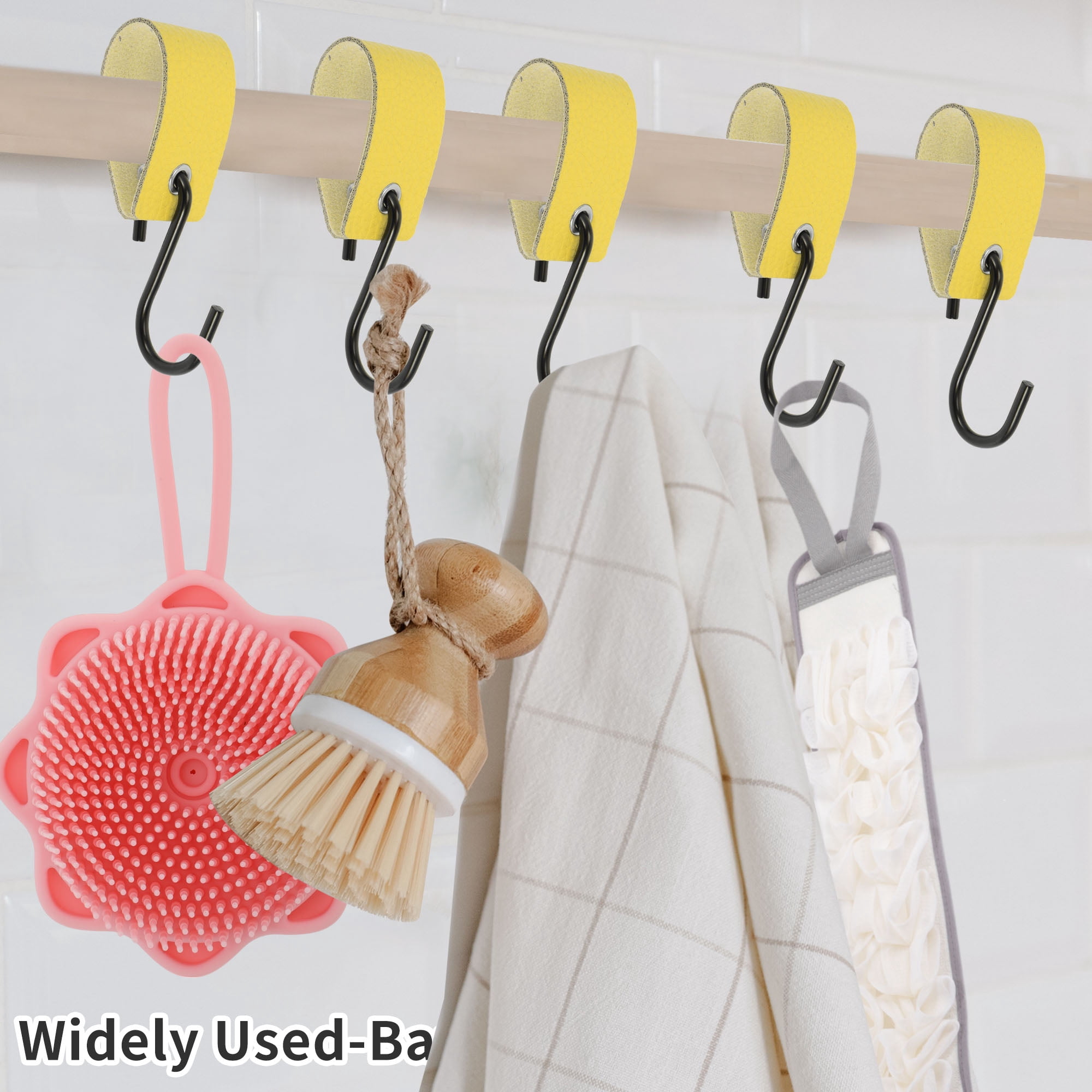 Unique Bargains Pack of 5 S Hooks with Leather Loop for Wardrobe Yellow
